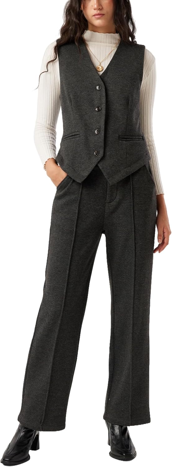 Women's 2 Piece Outfits Wool Blend Vest Waistcoat Dressy Casual Sets Winter Thick Pants Suits