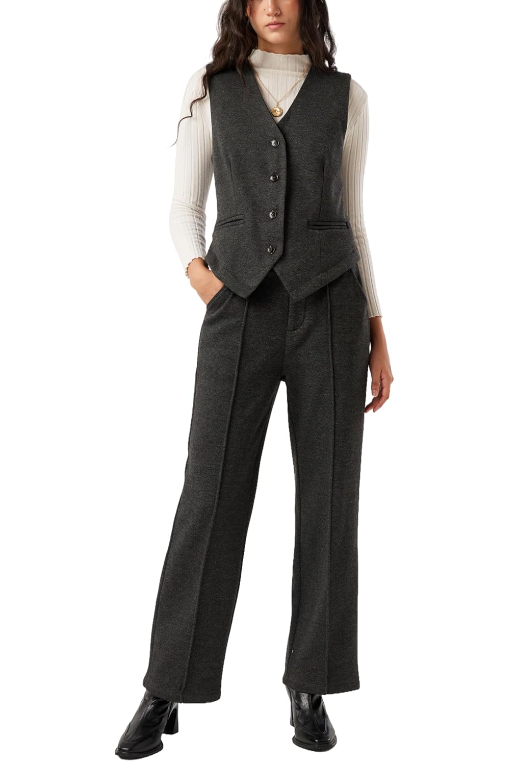 Womens 2 Piece Outfits Wool Blend Vest Waistcoat Dressy Casual Sets Winter Thick Pants Suits