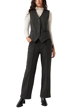 Womens 2 Piece Outfits Wool Blend Vest Waistcoat Dressy Casual Sets Winter Thick Pants Suits