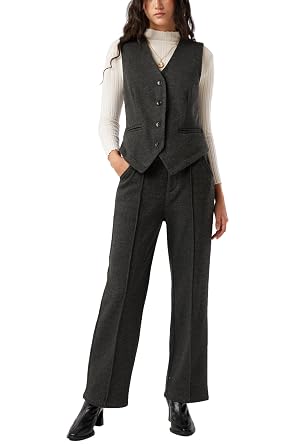 Womens 2 Piece Outfits Wool Blend Vest Waistcoat Dressy Casual Sets Winter Thick Pants Suits