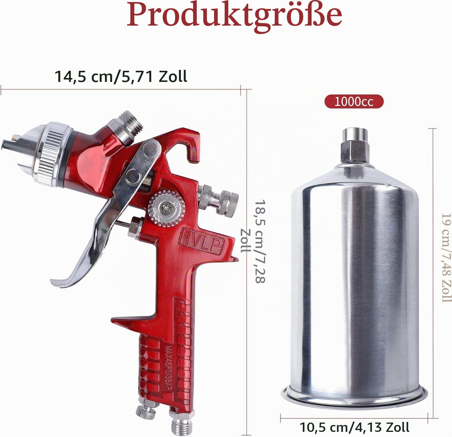 HVLP Farbspritzpistole mit 5 Düsen, 1.4mm 1.7mm 2.0mm 2.5mm und 3.0mm, 1000cc Aluminium Behälter, für Autolackierung, Lackierung von Autos