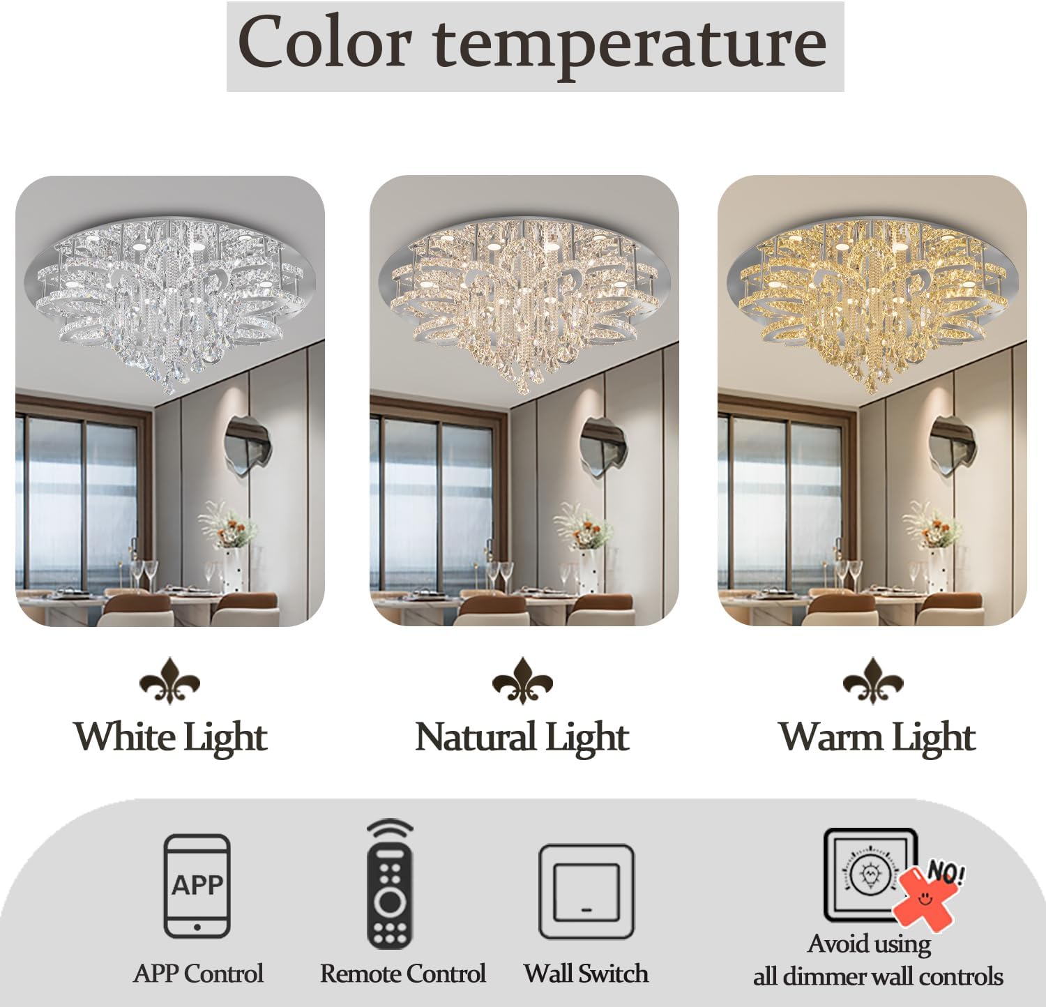 Flashing God W40 Modern Crystal Chandelier for Living Room Crystal Flush Mount LED Ceiling Light Fixture for Foyer Dining Room Hallway Dimmable 2700k 4500k 6000k