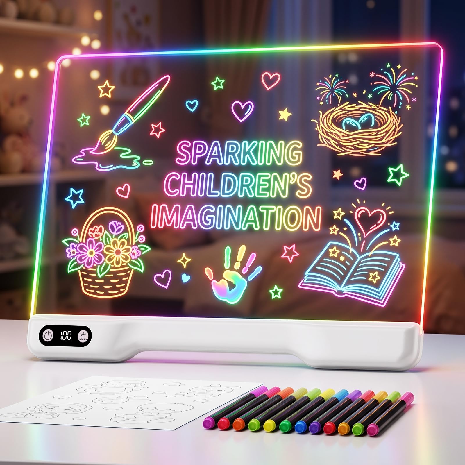 LED Drawing Board for Kids Girls - 16" Rechargeable Light Up Glow Pad with 15 Light Effects & 12 Markers,Display Booths,Erasable Doodle Board Art Crafts Kit, Birthday Gifts for Girls Boys Ages 3-12