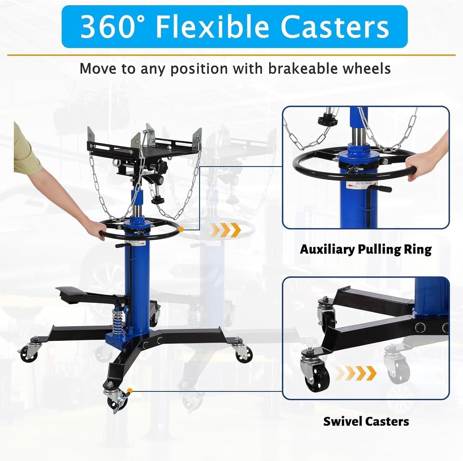 Hydraulic Transmission Jack,1322 LBS Capacity,Telescopic Lift 33.8"-72.8",360° Swivel Wheels,Foot Pedal,Blue