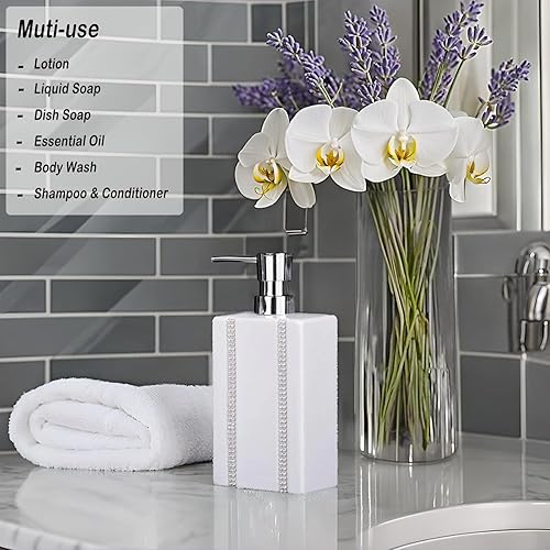 Miniatura 10 de Botella dispensadora de jabón de mano de 17 onzas líquidas y loción, botella de cerámica blanca para cocina, baño, encimera, cuarto de servicio,