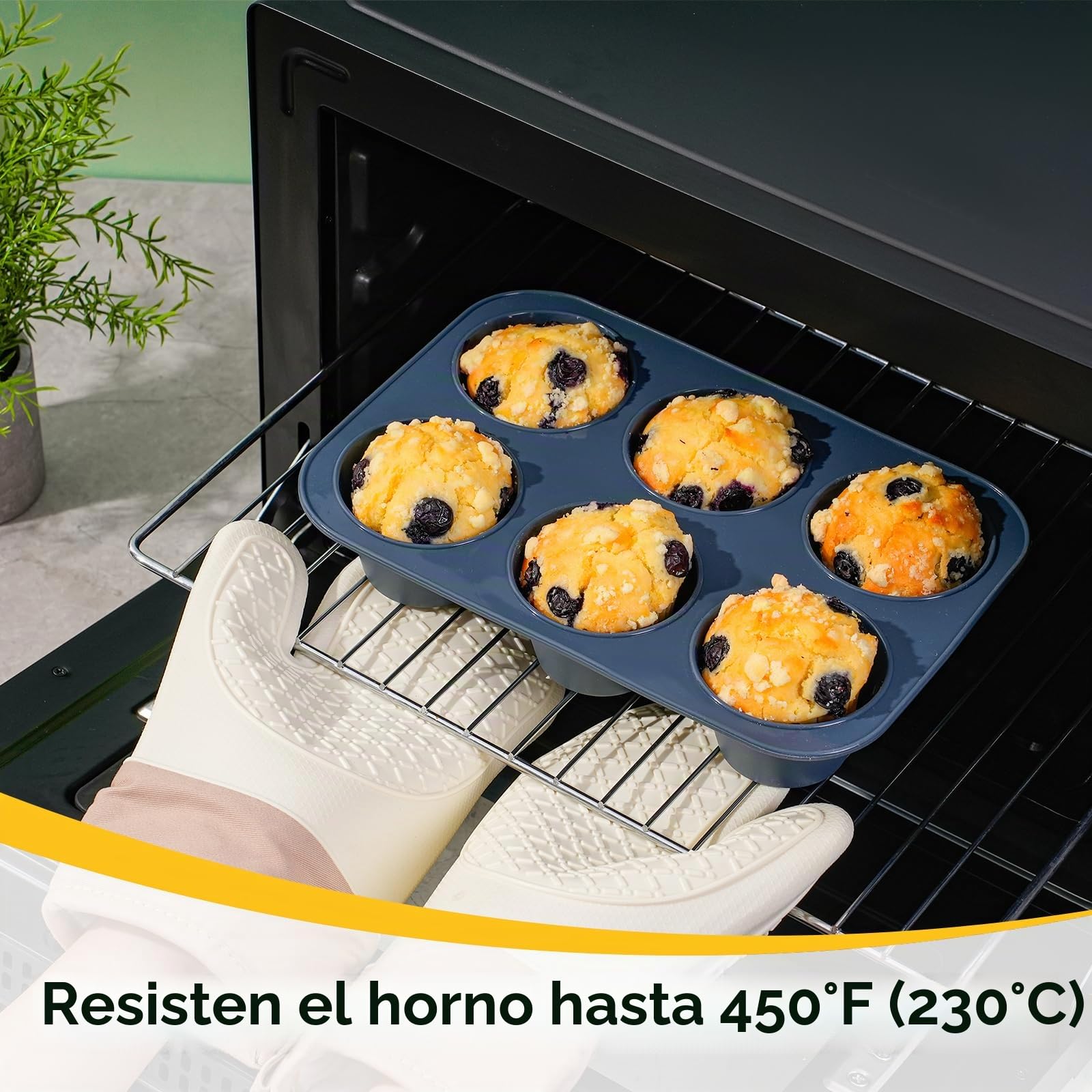 SUPER KITCHEN Grande Molde de Silicona para 6 Magdalenas, Bandejas para Hornear Muffin con Recubrimiento Antiadherente para Muffins, Cupcake, Brownie, Pudín 27,8 x 19 x 5 cm (Gris)