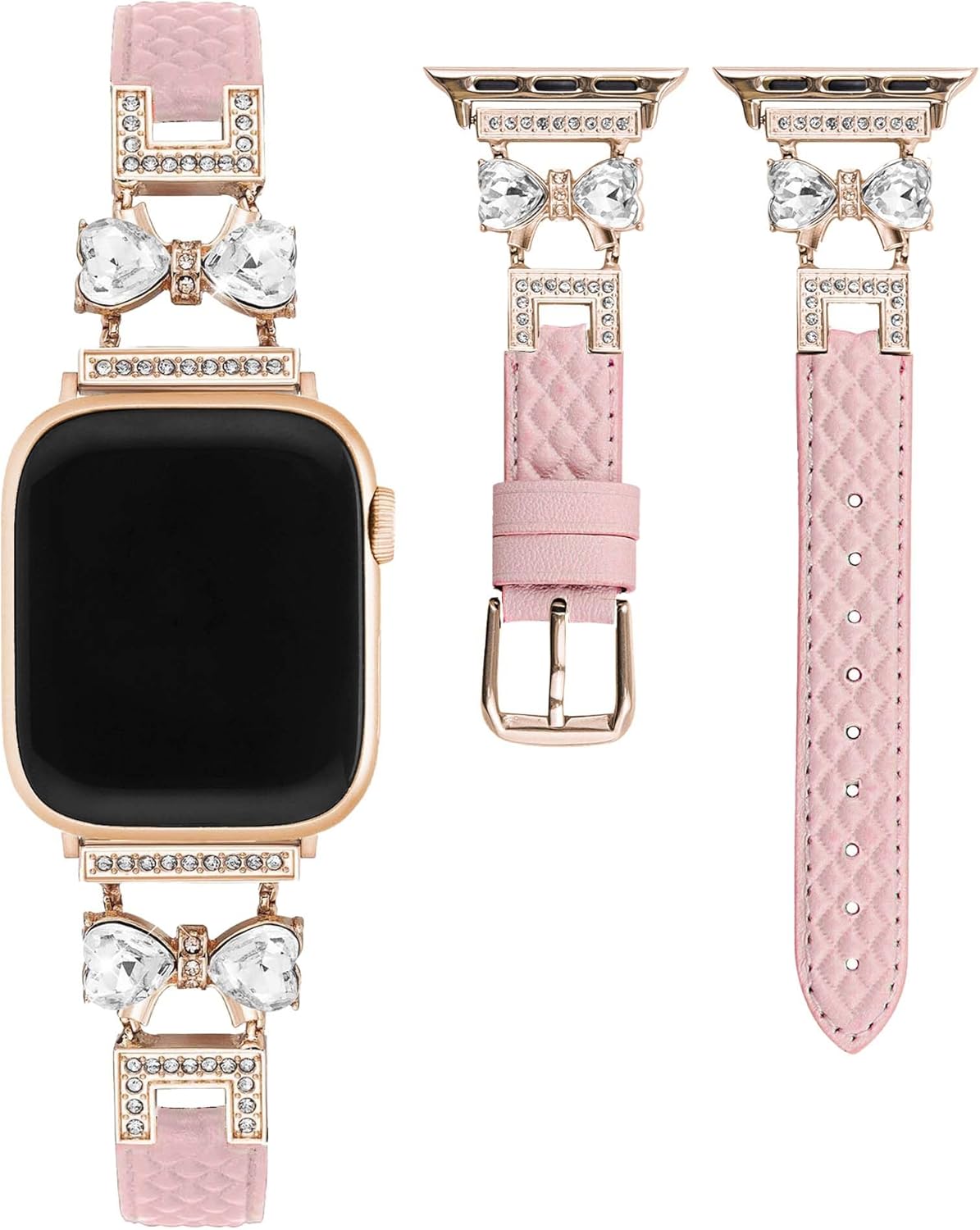 Diamond Bowknot Grainy Genuine Leather Watch Band, Compatible with Apple Watch Series 11/10/9/8/7/6/5/4/3/2/1/Ultra/SE, for 38/40/41/42/44/45/49/46mm, Dreesy Strap