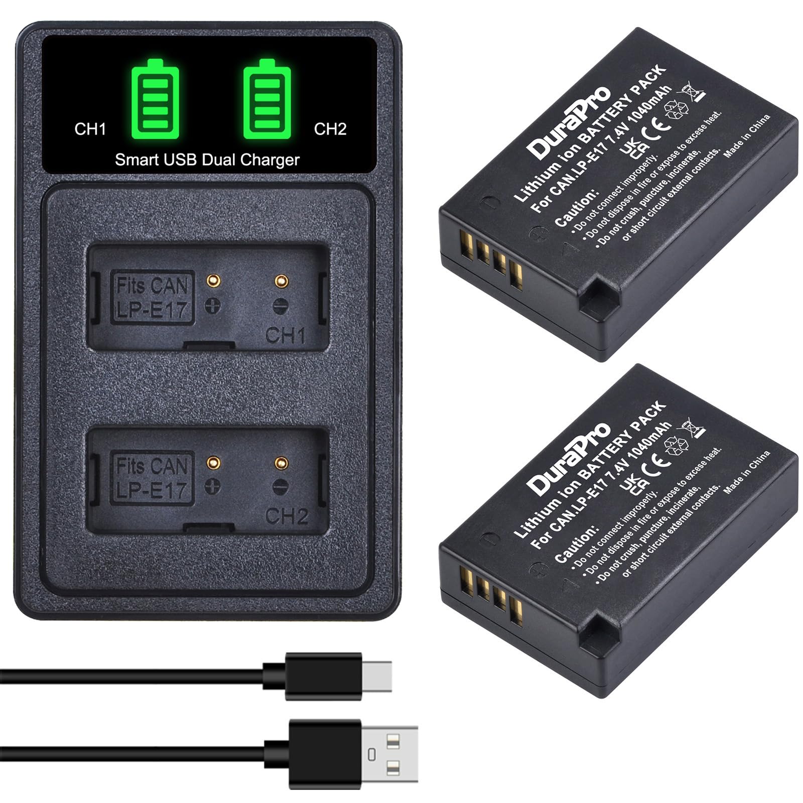 DuraPro 2X LP-E17 1040 mAh + Double Chargeur USB intégré avec Port de Type C pour Canon EOS M3, M5, M6, Rebel SL2, T6i, T6s, T7i, EOS 200D 250D 750D, 760D, 800D, 8000D, RP Cameras