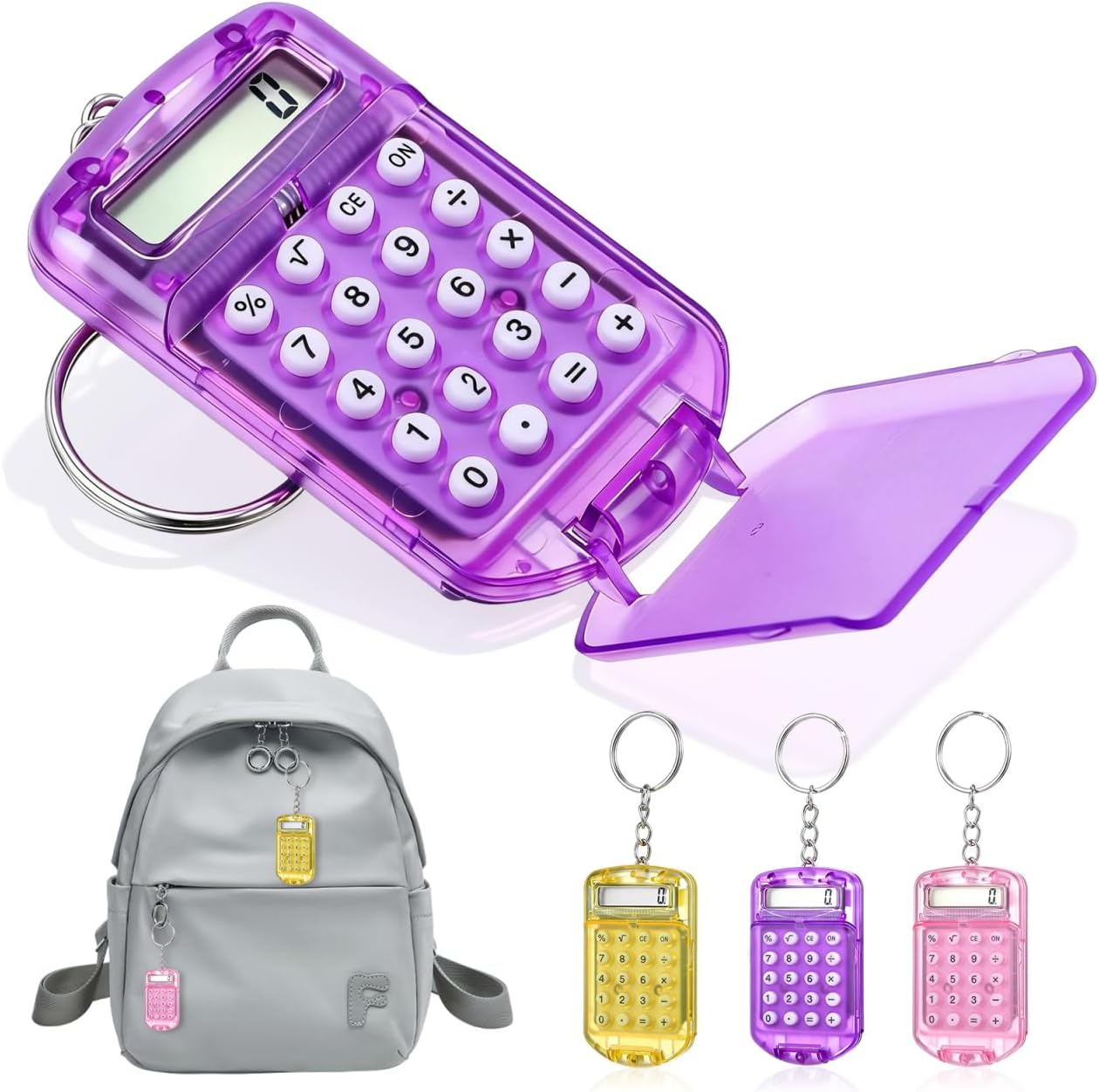 NUOBESTY 3Pcs Mini Calculator Keychain, Tiny Pocket Calculator with Key Ring Portable 4 Function Electronic Tool for School, Home, Office, Students, Daily Use (Purple Yellow Pink Set)