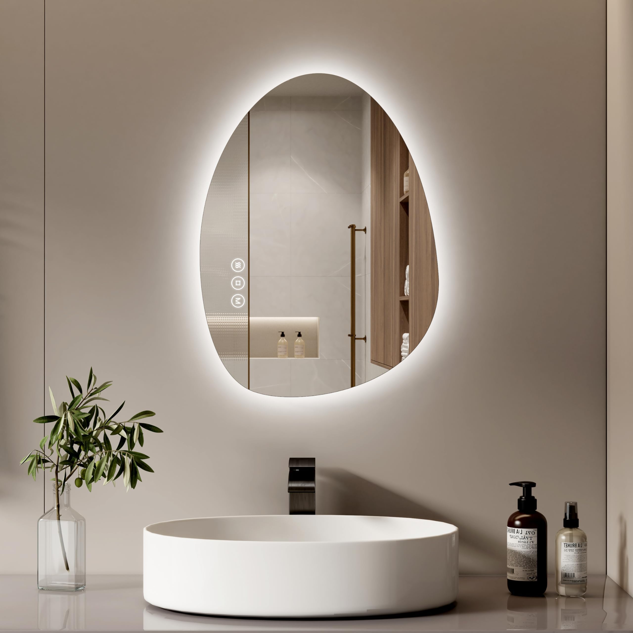 Bathroom Mirror with LED Lights 60 x 45 cm Asymmetrical LED Bathroom Mirror with Smart Touch Switch, 3 Colors Dimmable Light, Anti-Fog, Memory Function Wall Mounted Vanity Mirror