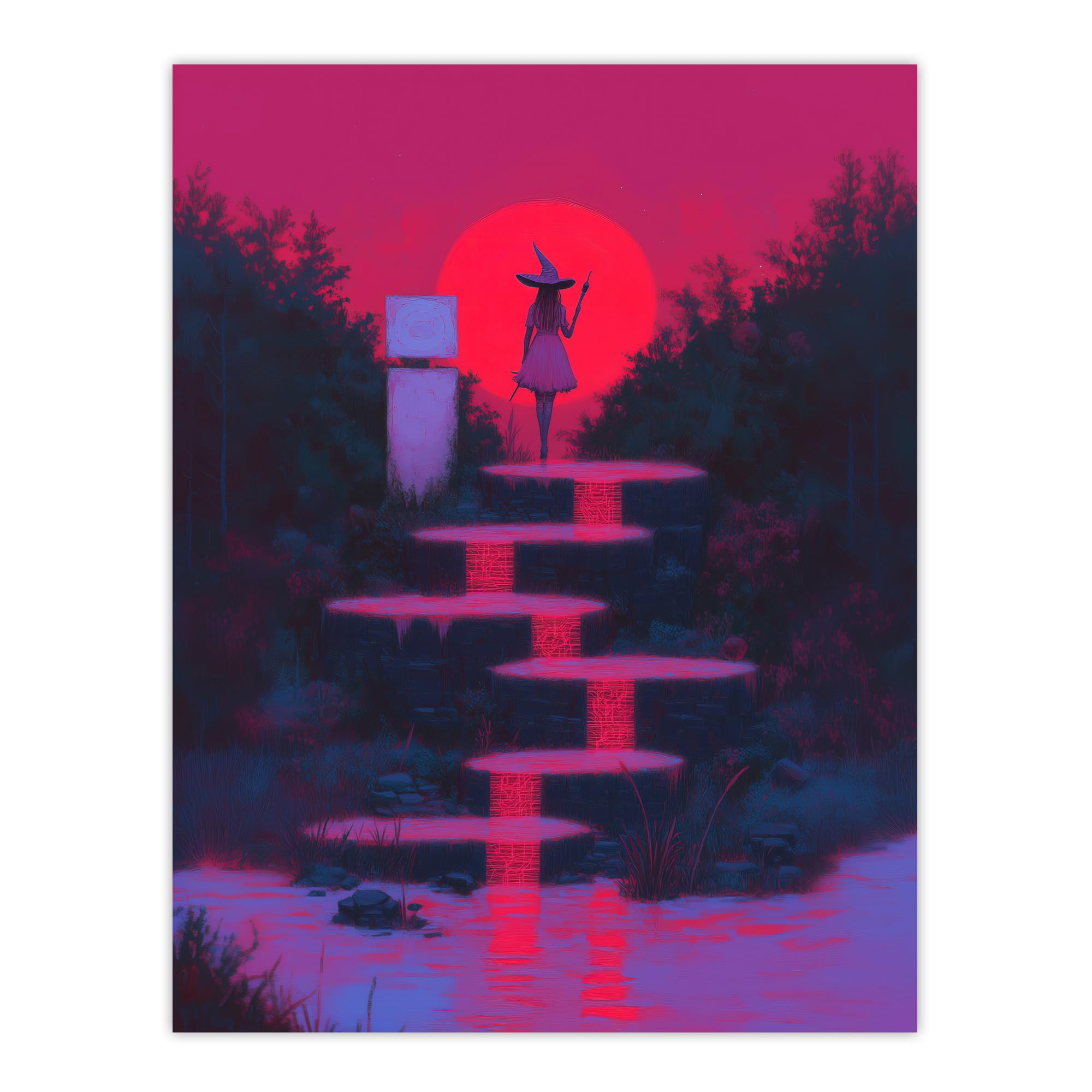 Full Moon Witch Ritual Neon Pink Fantasy Art Wall Art Print - Artery8 - W24 inch x H32 inch - Purple