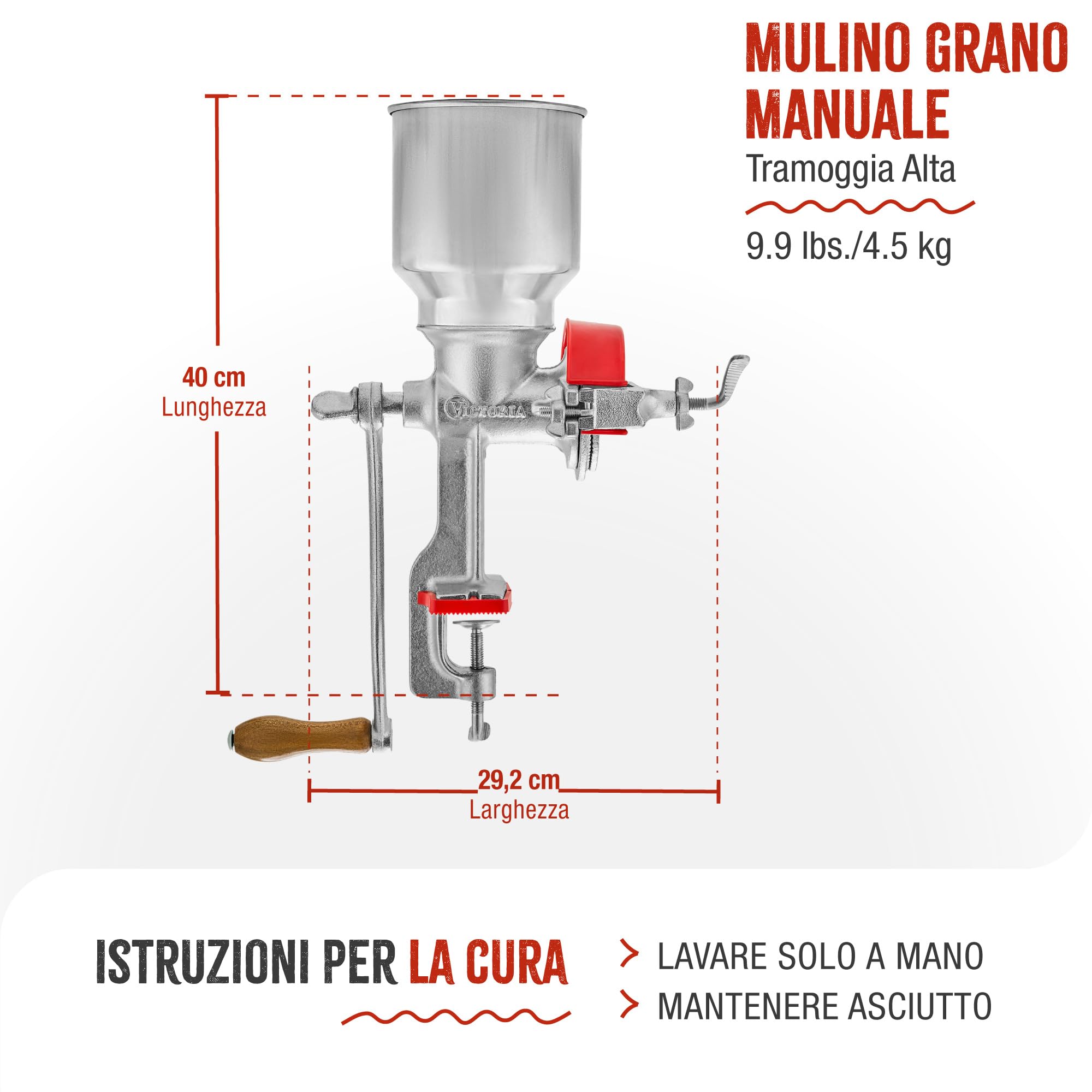 Victoria Mulino Grano Manuale Macinino Cereali in Ghisa per Macinare Caffè, Mais, Avena, Spessore di Macinatura Regolabile, Tramoggia Alta, Grain Grinder con Morsetto da Tavolo
