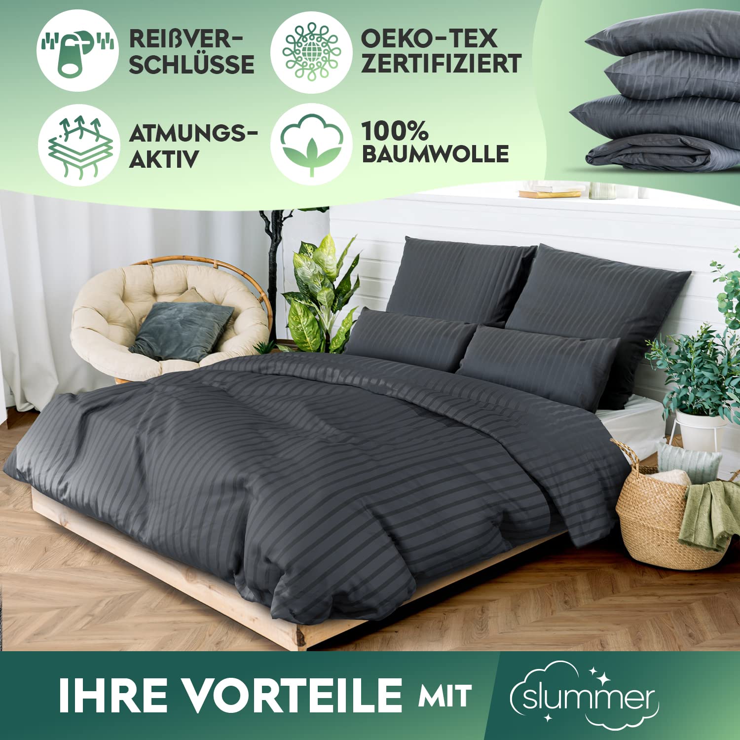 slummer Mako Satin Bettwäsche 135x200 Baumwolle Set - Damast Bettwäsche-Set | 2teilig mit Kissenbezug 80x80 - Bettbezug Baumwoll Anthrazit Grau Reißverschluss Hotelbettwäsche