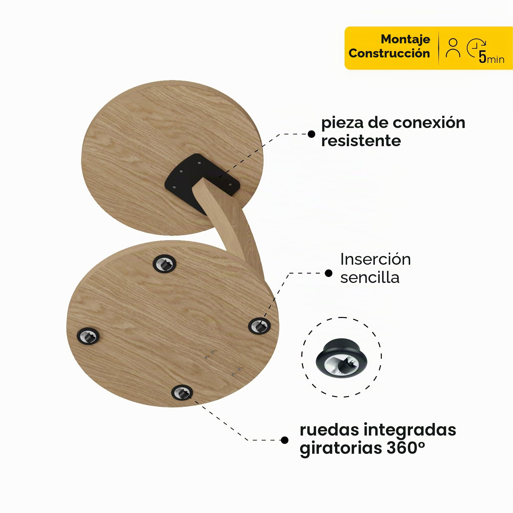sugodesign Mesa Auxiliar con Ruedas, Pequeña Mesa de Café en Forma de C, Elegante Mesa Auxiliar en un Hermoso Efecto de Roble Natural, Mesa Redonda como Mesa de Sofá, Mesa de Sofá