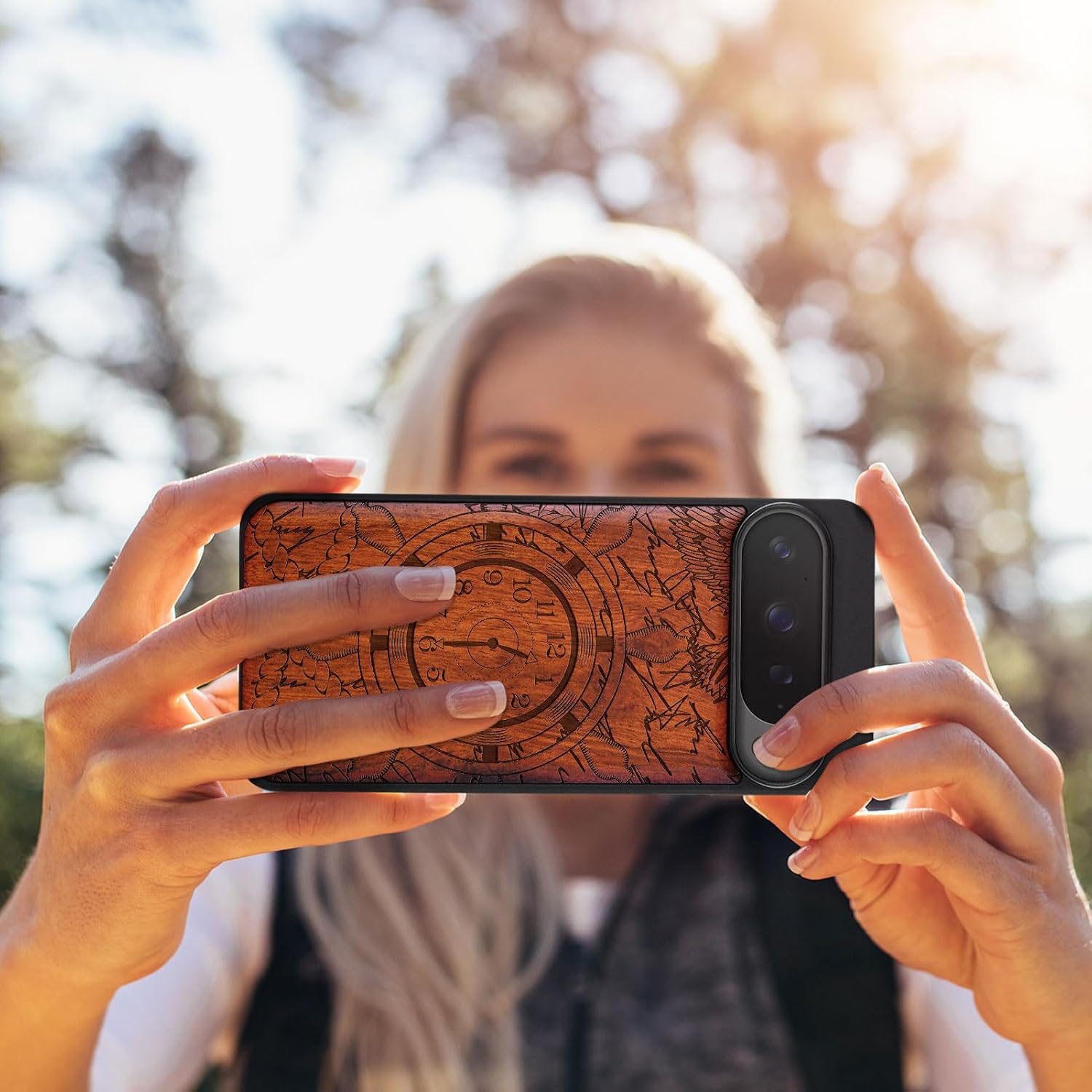 Carveit Magnetic Wooden Case for Google Pixel 9 Pro XL Case, Wood Artisan Engraved & Soft TPU Shockproof Cover, Compatible with MagSafe Wireless Chargers (Spirit of Old Sea Adventures) Rosy