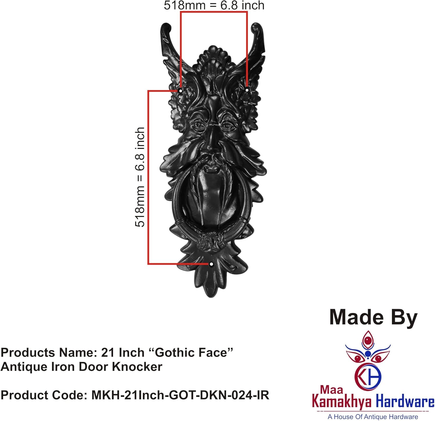 21 Inch “Gothic Face” Antique Iron Door Knocker (Black Powder Coated Finish) - Supplied as 1 Piece Per Pack