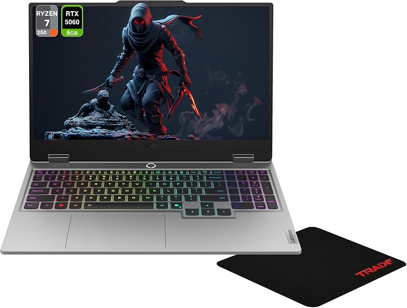 Laptop para juegos Lenovo LOQ con tecnología AI, AMD Ryzen 7-250, 16 GB DDR5 RAM, 512 GB PCIe SSD, pantalla FHD de 15.6"(1920x1080)144Hz, Nvidia G-Force RTX 5060, teclado retroiluminado, W11 Home, Luna Grey+alfombrilla para mouse Traix