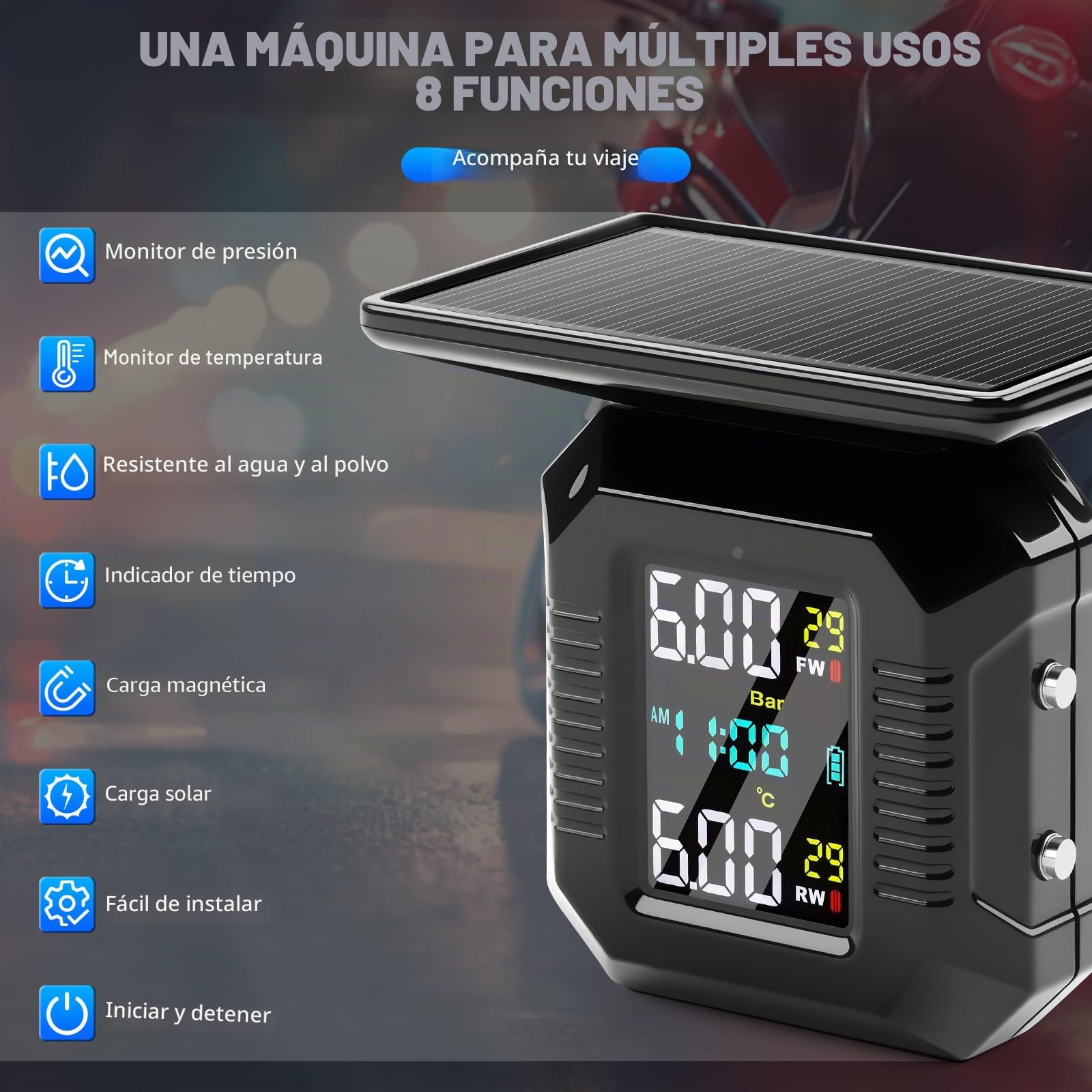 KAOLALI Sistema de Control de Presión de Neumáticos Moto TPMS, Motocicleta Inalámbrica Carga Solar/USB TPMS para Motocicletas con Pantalla LCD 2 sensores externos Impermeables