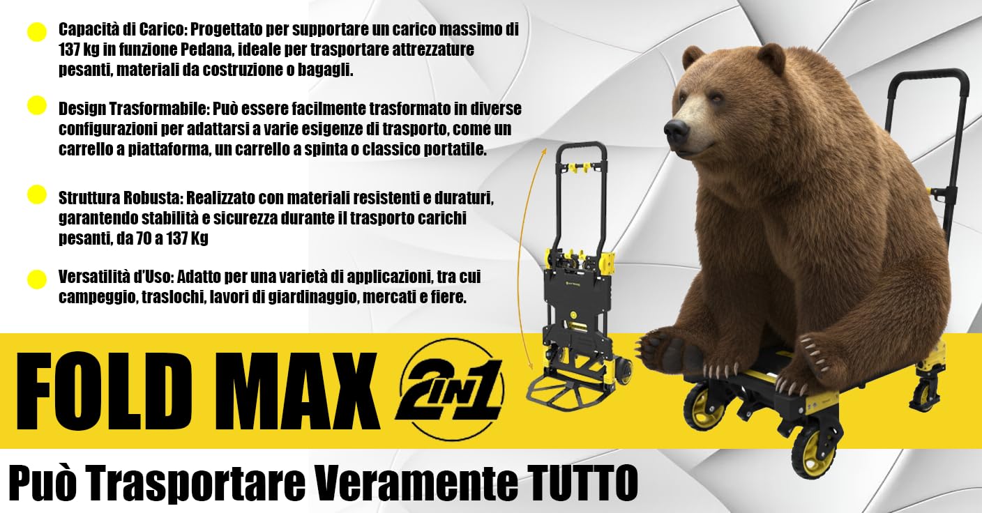 Carrello Portapacchi Pieghevole Professionale FOLD MAX 2 in 1, Trasformabile Trolley/Piattaforma 2-4 Ruote, Portatutto Richiudibile Compatto, Portata 70/137 kg, per Scatole, Pacchi e Legna Resistente