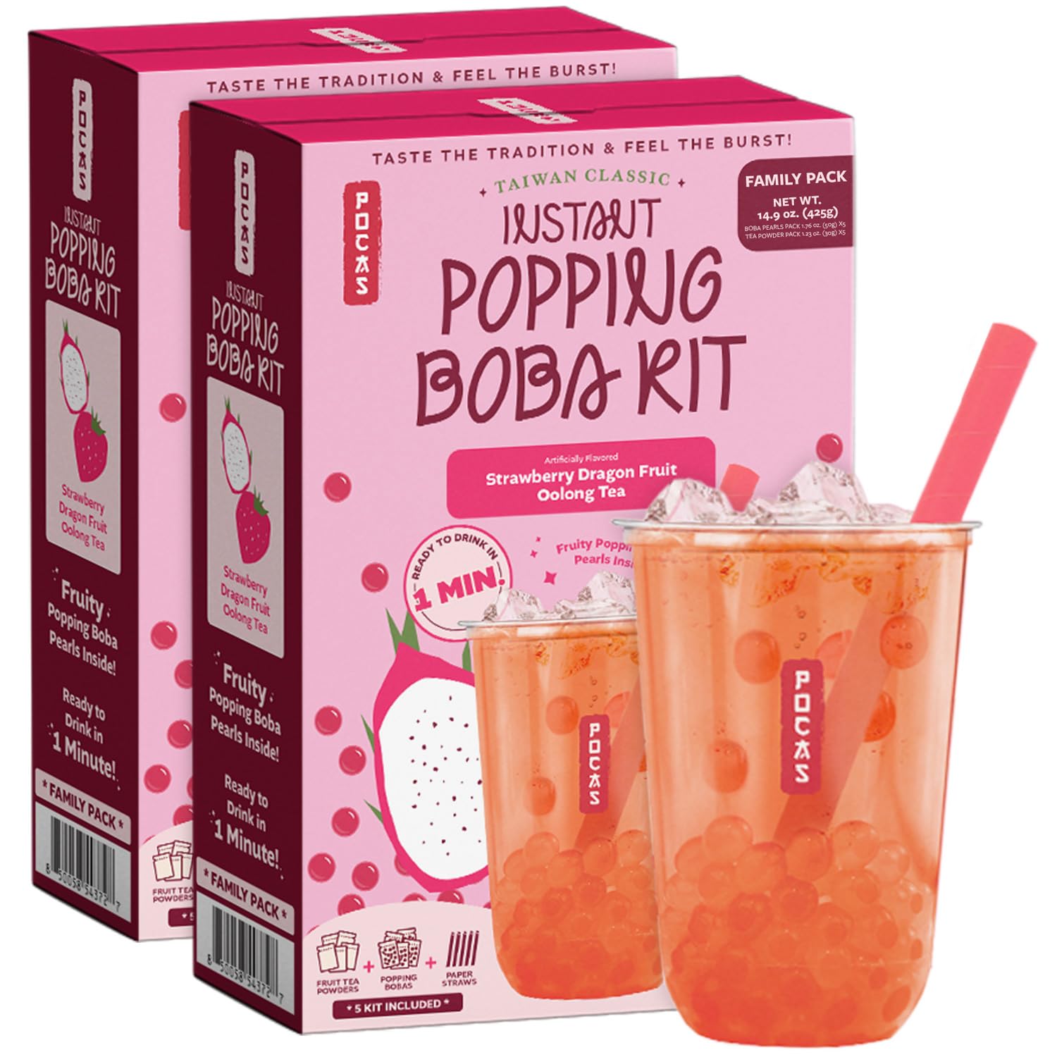 Pocas Instant Popping Boba Kit 2-Pack, Strawberry Dragon Fruit Oolong Tea, Powder, Pearls & Paper Straws, 14.9 Oz Ea