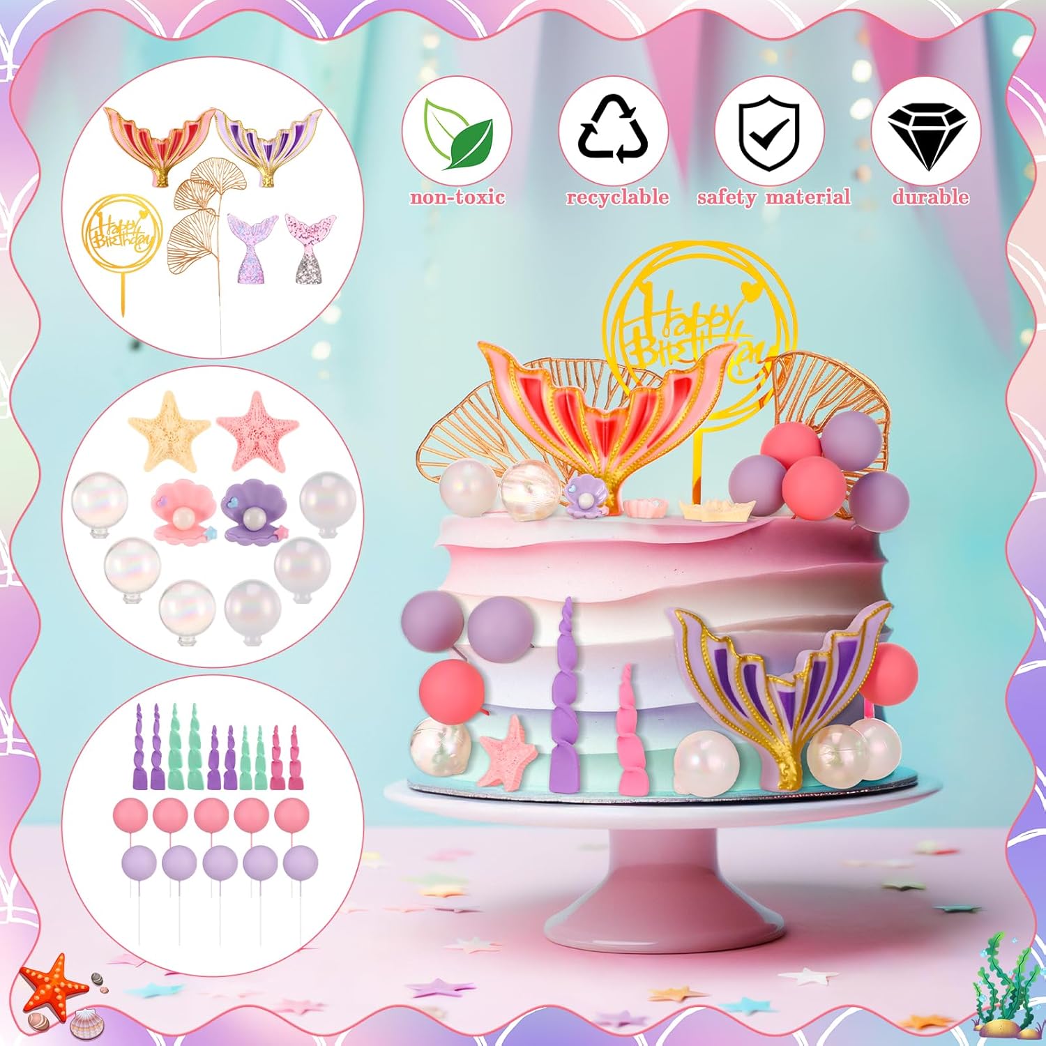 Mermaid Cake Topper, 40 Pcs Under the Sea Decorations Set with Sea Shells, Starfish & Balls, Premium Plastic Cake Decor for Birthday, Baby Shower Party - Image 2