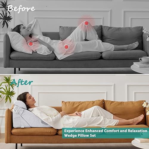 Miniatura 4 de Bedluxe Juego de 3 almohadas ortopédicas de cuña para cama, almohada de cuña de espuma para postcirugía para espalda, piernas y rodillas, almohada