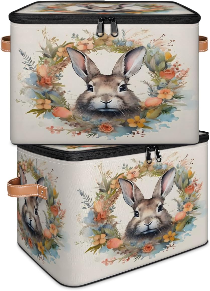 Storage Bin Set of 2 Rabbit Bunny Storage Basket with Zipper Lid & Handle Foldable Closet Shelf 2 Pack Cloth Organizer Basket Cube Bins Clothes Organizer for Bedroom, Nursery