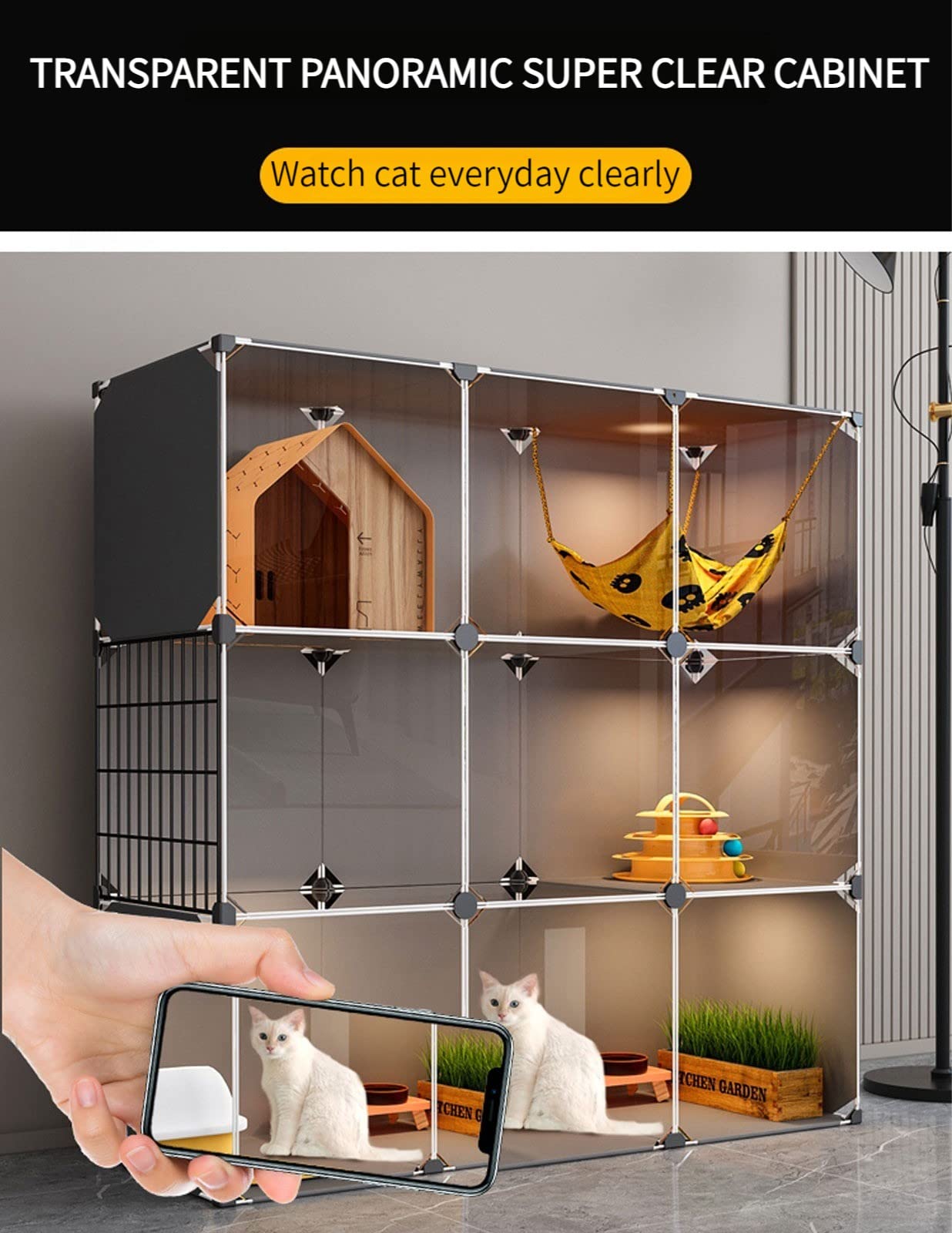 Gabbie per gatti da interno, grande casa per gatti a doppio strato con design trasparente, gattile facile da montare, include mobili con lettiera per gatti