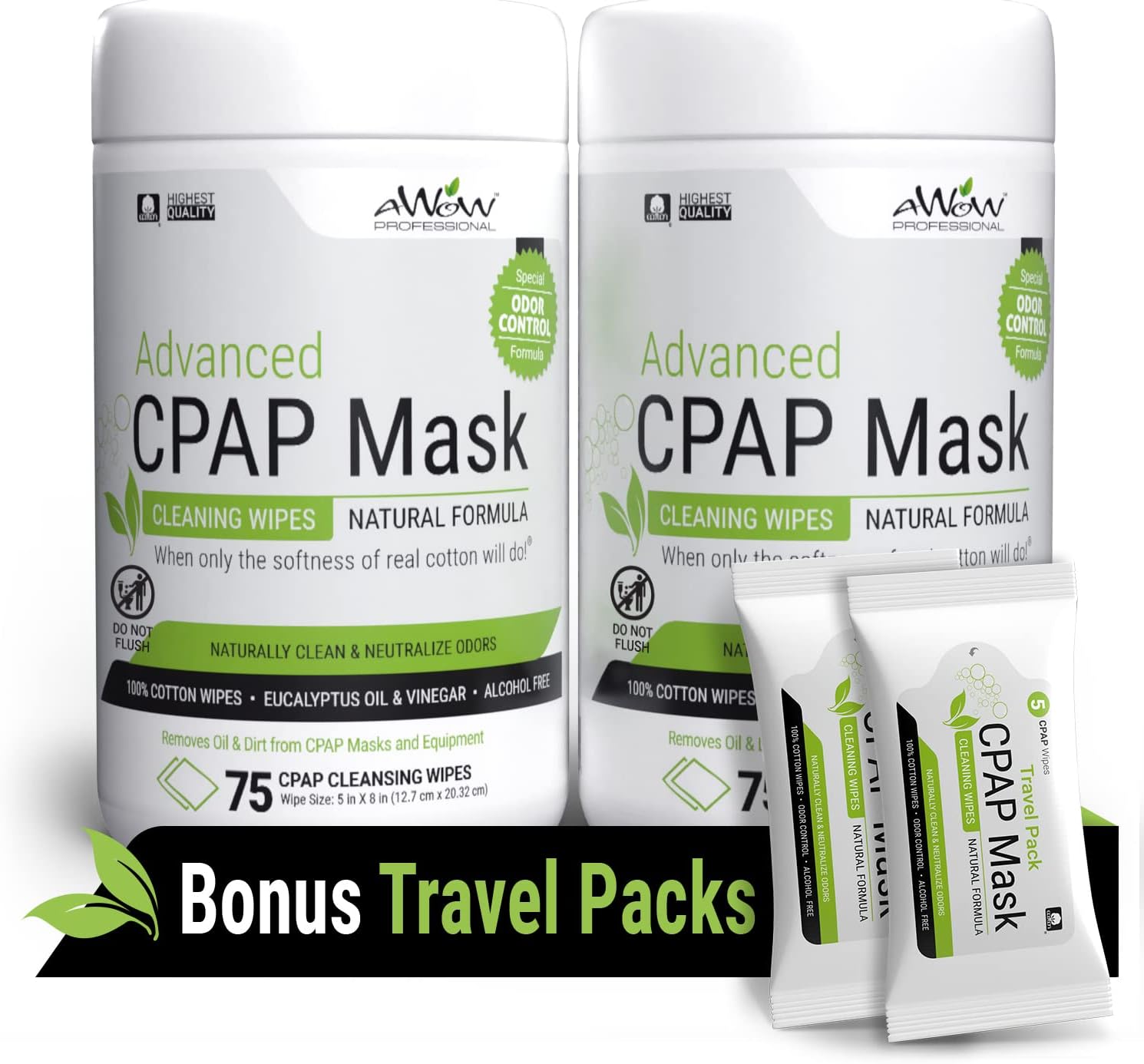 Professional CPAP Mask Cleaning Wipes - Advanced Odor Control Formula, 75 ct 2pk Canister Plus 10 Travel CPAP Wipes, (160 Total)