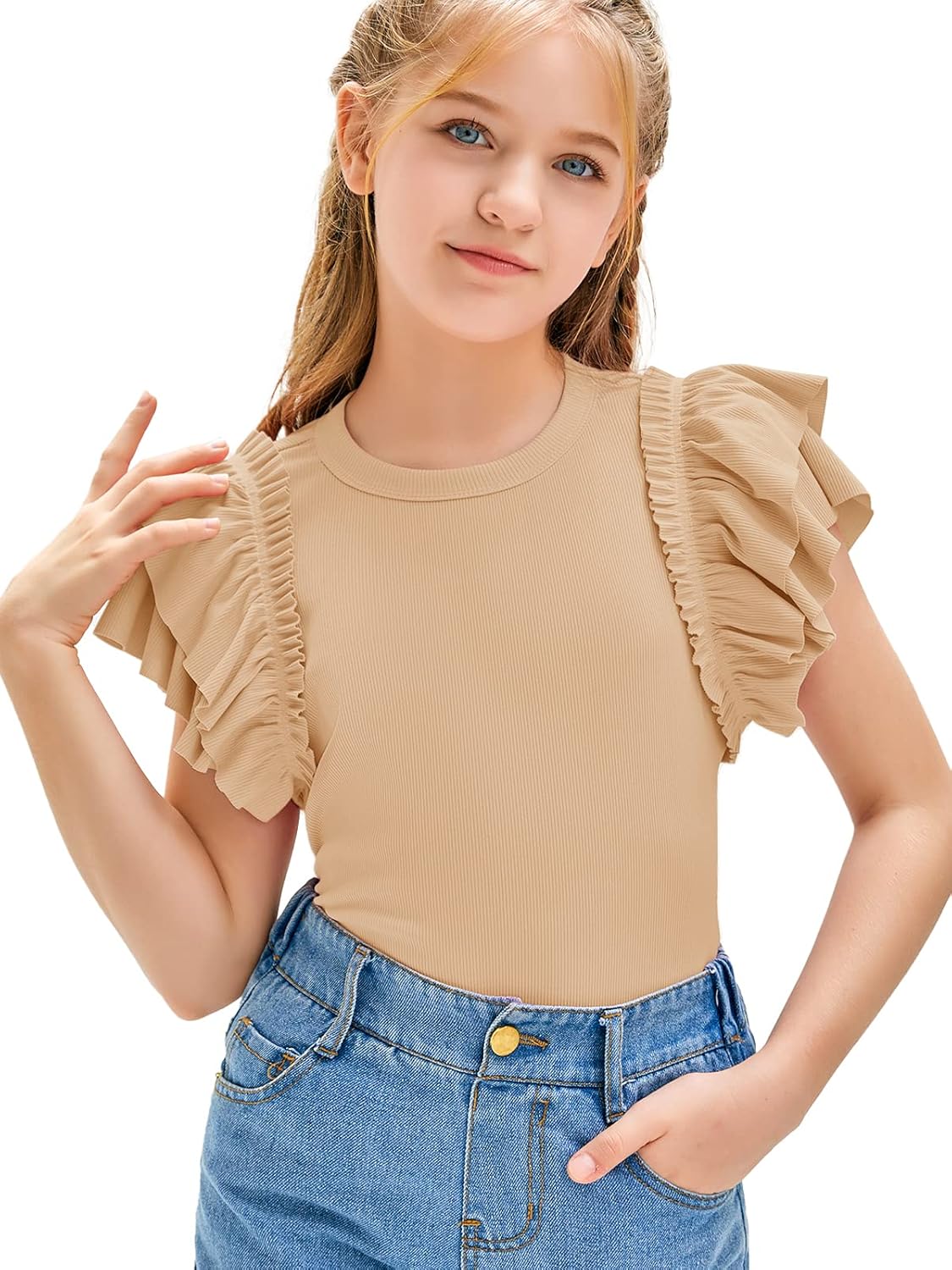 Girls Ruffle Short Sleeve Shirts Mock Neck Ribbed Knit Summer Pullover Tops