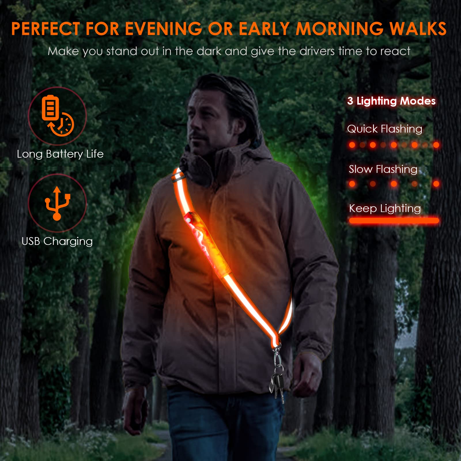 Lichtband joggen met reflectorriem, led-reflectorband, USB type C, oplaadbaar looplicht met reflectoren, licht voor joggers, hardlopen, fietsen
