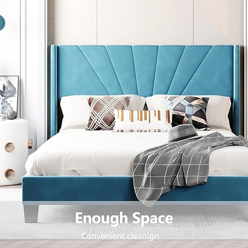 Miniatura 5 de Base de cama de plataforma tamaño Queen con cabecera tapizada de terciopelo y soporte de listones de madera, cama y cabecera tamaño Queen, no