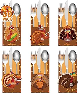 30PCS Thanksgiving Table Decor Cutlery Holder Set - 6 Turkey Decorations Utensil Holder for Autumn Family Harvest Party Table Supplies