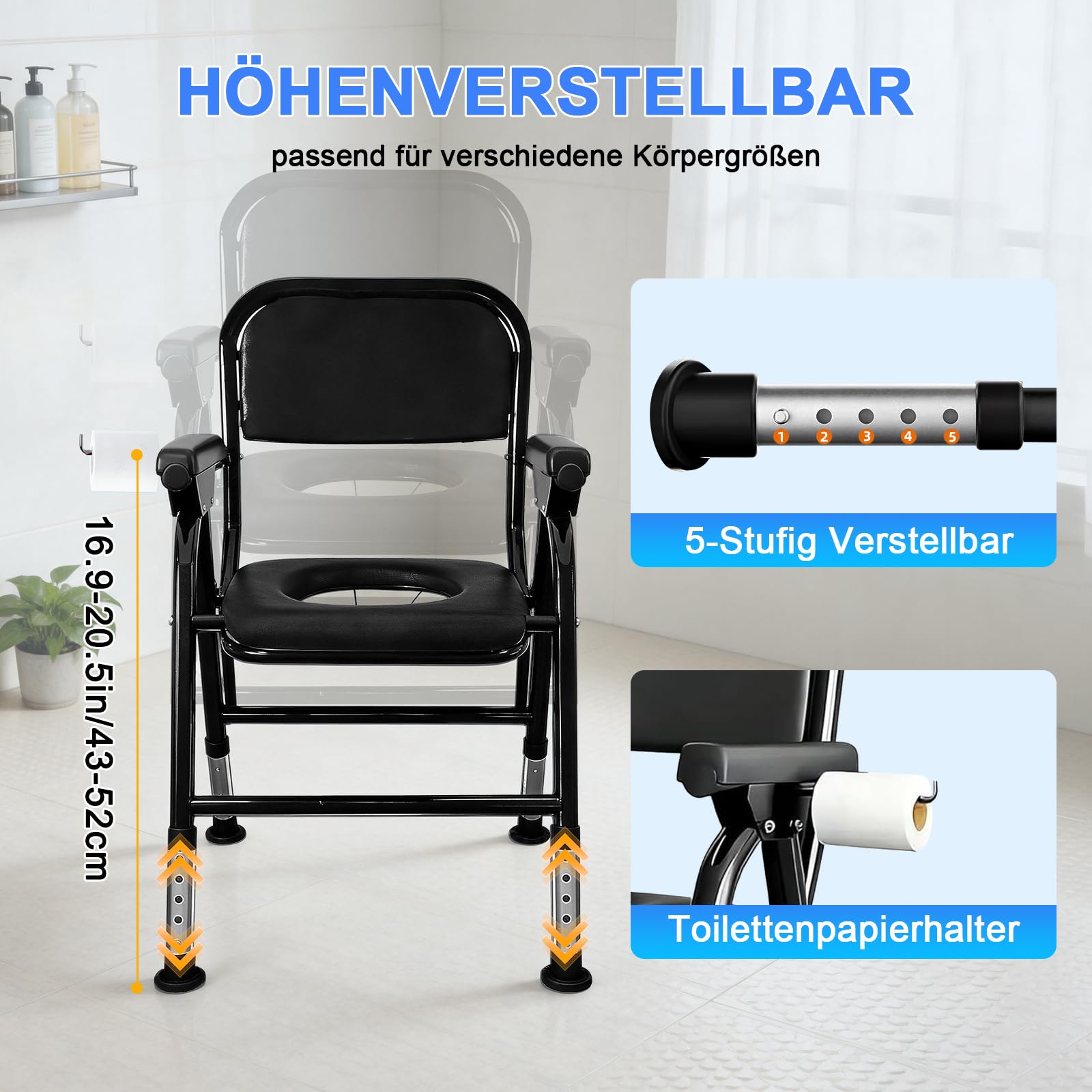 Toilettenstuhl für Senioren, Höhenverstellbaren Klappbar WC Stuhl Toilettenstühle mit Gepolsterter Sitzplatte und Toiletteneimer, Tragbar Duschstuhl Tragfähigkeit 150kg