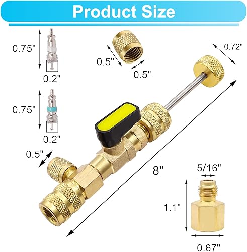 Miniatura 2 de TWTADE Herramienta de instalación de extracción de núcleo de válvula con adaptador de latón de doble tamaño SAE 1/4 y 5/16, 30 núcleos de válvula, 7