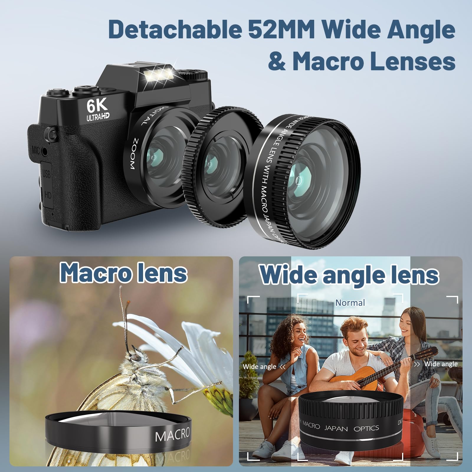 Appareil photo numérique 6K pour la photographie – Caméras de vlogging WiFi 64 MP pour YouTube avec écran rabattable de 3" à 180°, zoom numérique 16x, autofocus Vlog Travel Camara avec carte SD de 32