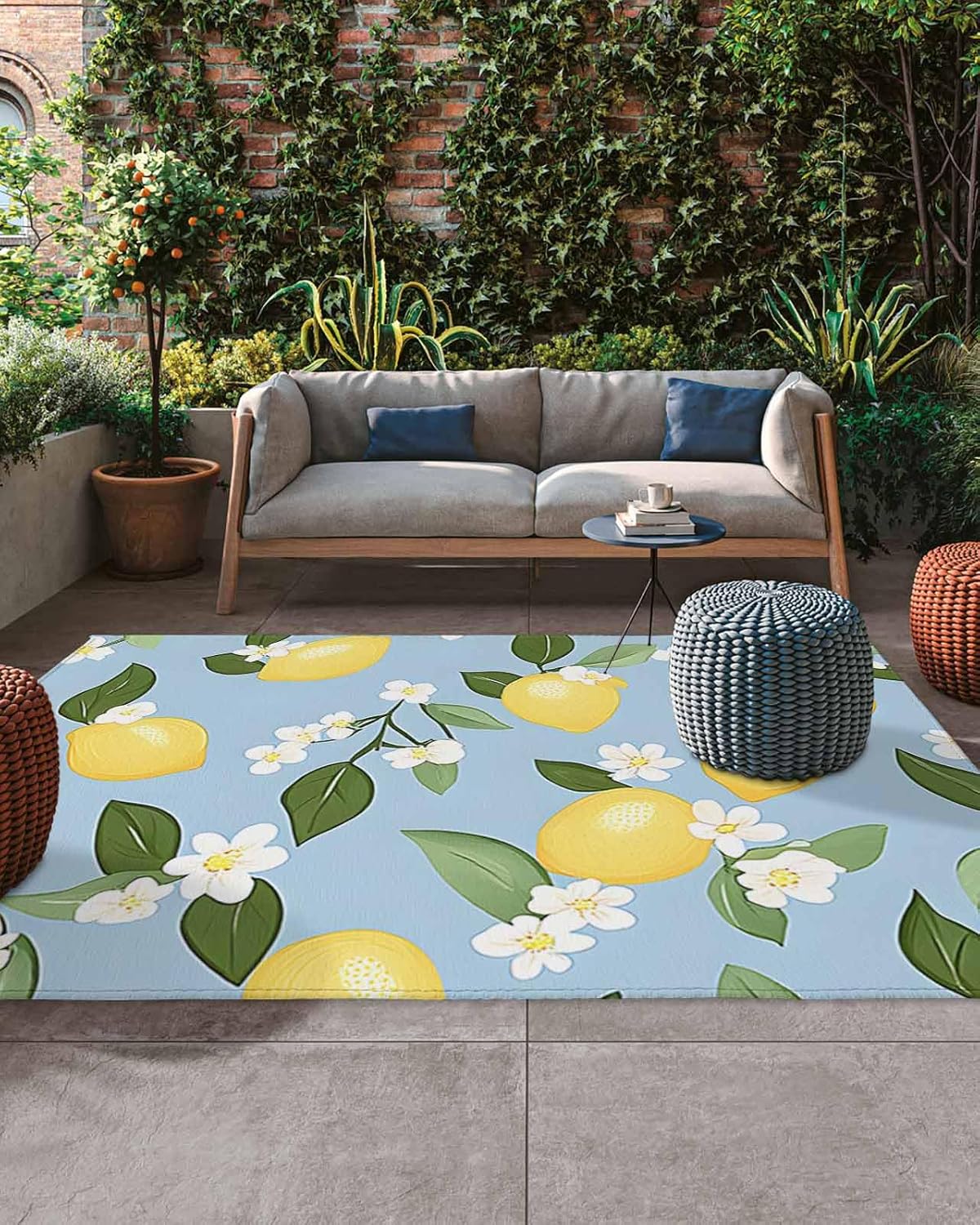 Outdoor Rug 4x6 ft Blue Background Outdoor Large Area Rug Non Slip Rubber Yellow Lemon White Flowers Front Door Mat RV Rug Camping Carpet Patio Outdoor Rugs for Backyard Balcony Deck Porch Indoor