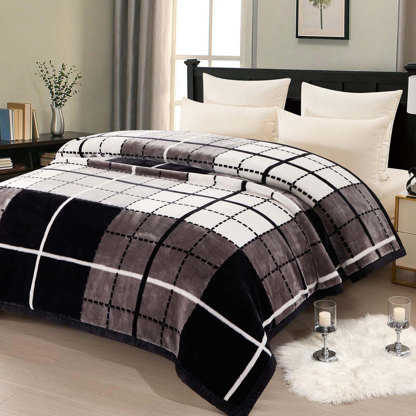 Thick Winter Fleece ​Blanket 79 x 91 inch Korean Mink Blanket for Full/Queen Size Bed,Silky Soft and Warm,2 Ply Reversible Raschel Bed Blanket,Camel,200X230cm 9Lb/4kg.