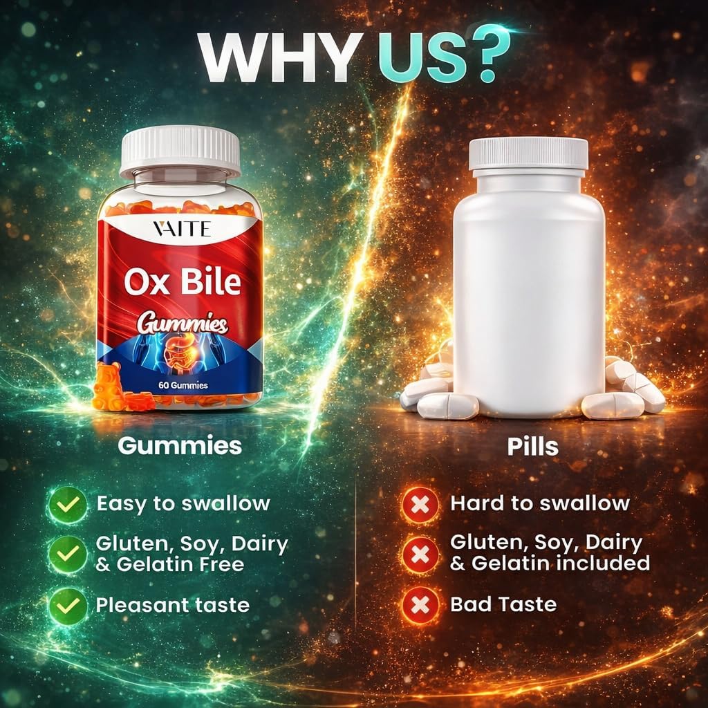 VAITE Ox Bile Gummies – 500mg Digestive Support for Gallbladder & Gut Health – Non-GMO, Sugar-Free Supplement – Helps Nutrient Absorption & Bile Flow – 60 Easy-to-Chew Bile Acid Chewables