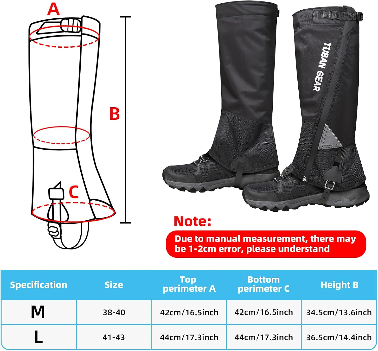 Outdoor Hiking Gaiters with Inclined-Opening Water-Release Zipper, Gaiters for Hiking, Lightweight Leg Shoe Gaiters for Men Women