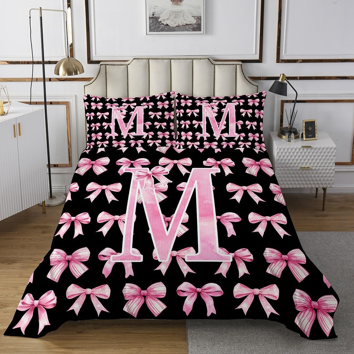 Erosebridal Pink and Black Initial M Kids Coverlet Set King for Girls Coquette Bow Bedspread Set Princess Aesthetic Bedding Sets Dreamy Monogram Cartoon Cute Bed Sets(M)