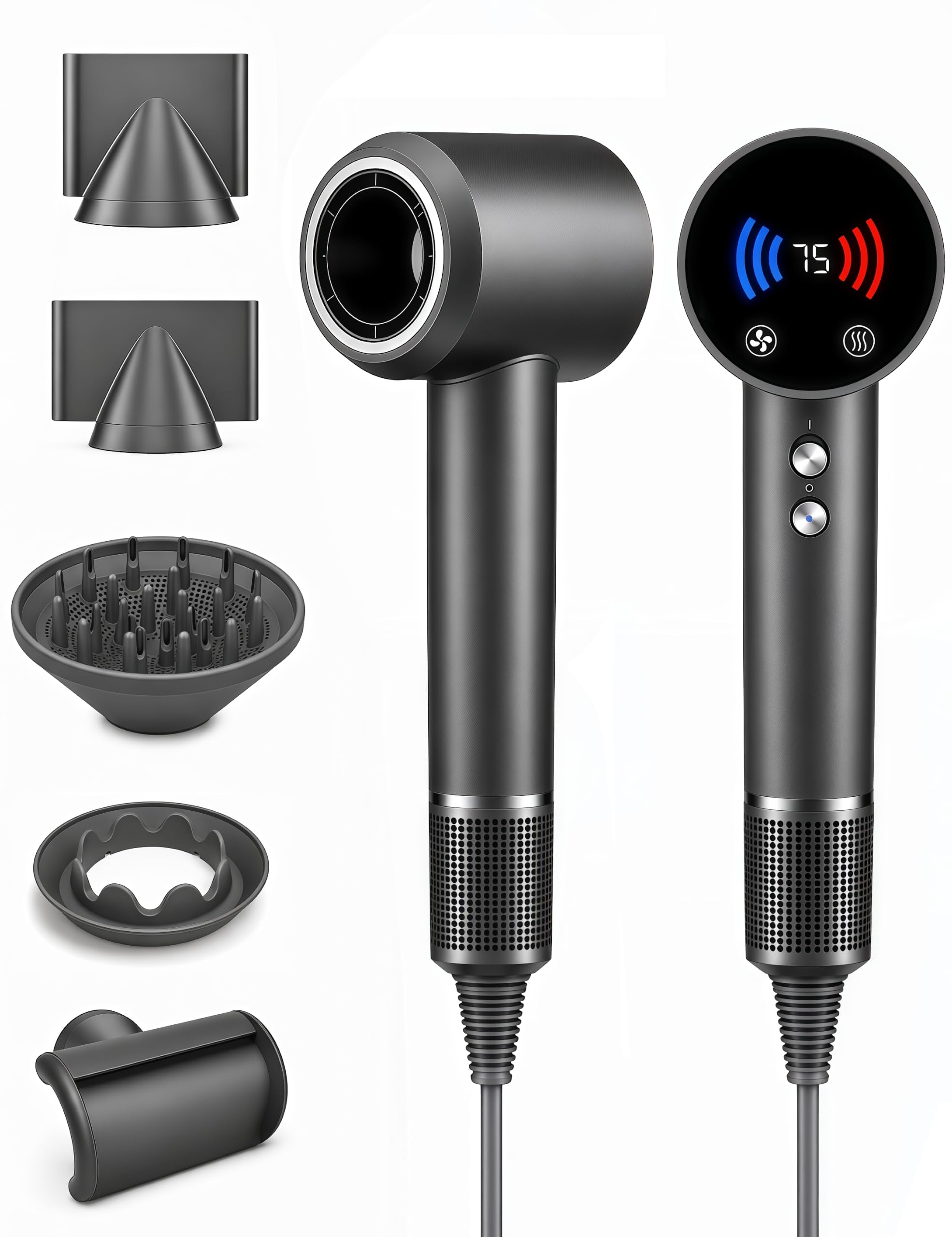 Secador de Pelo de Alta Velocidad con 5 Difusores Compatible con Dyson, 160.000 rpm, Iónico, Motor sin Escobillas 50 dB, Pantalla Táctil LED, Control NTC, 600 M Iones Negativos, 13 Modos, Magnético
