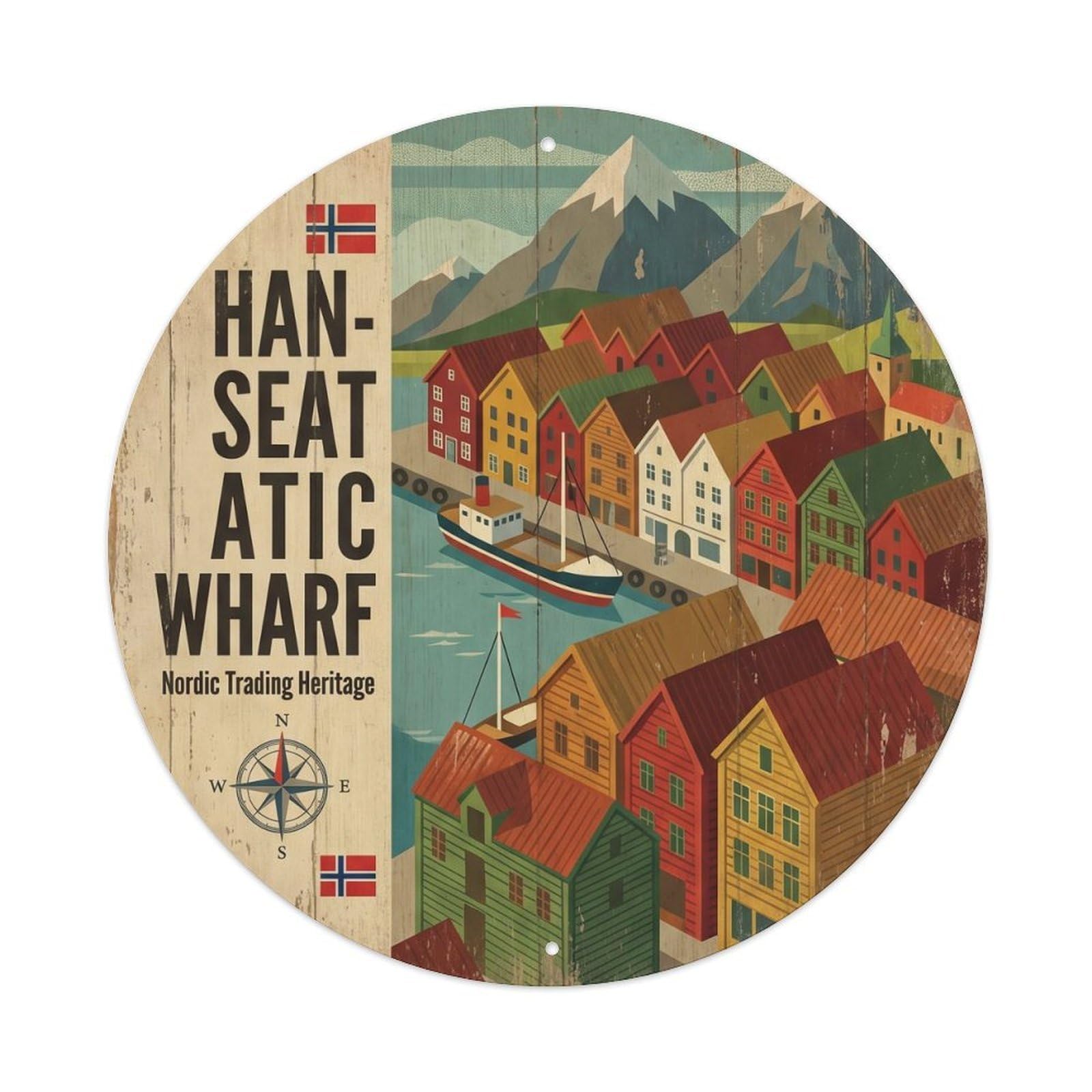 Yrnq Vintage Style Vintage Travel Wharf Norway Vintage Metal Tin Sign Plaque Wall Decor For Cafe, Club, Garden Round Metal Poster 8X8inch