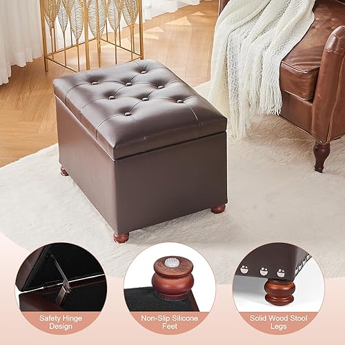 Miniatura 7 de Deco De Ville Banco otomano rectangular de 24 pulgadas, reposapiés de piel sintética con asiento acolchado de espuma, color rojo y marrón