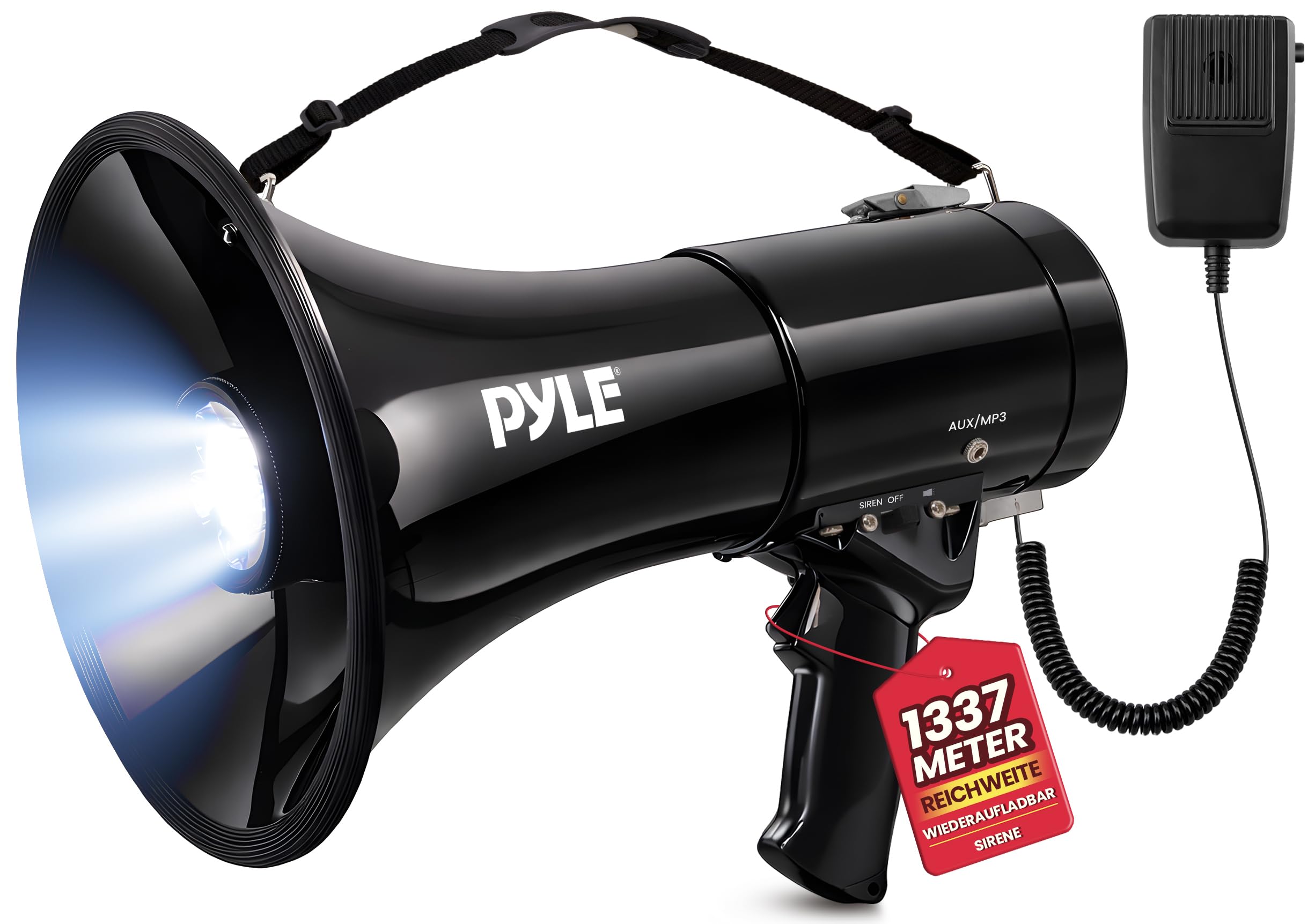 Pyle Megaphon mit Sirene, Signalhorn – Siren Megaphone – Megafon Kinder & Erwachsene 50 Watt bis 1100m Reichweite, Faltbare Megafon mit Mikrofon & Wiederverwendbare Batterie, Faltbare Handsirene