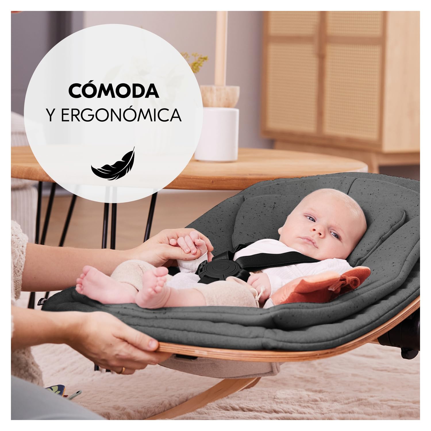 hauck Highchair Bouncer Eco Hamaca para Bebé, Deep Grey | Estructura de madera, superficie ergonómica y ajustable desde el nacimiento, con adaptador para tronas Alpha+ y Beta+