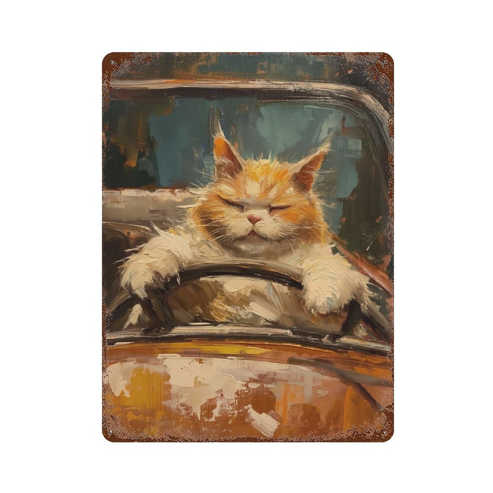 Funny Fat Cat Cabrio Car Aged Metal Wall Plaque 15.7"x11.8", for Shed, Workshop And Garage Wall Decor, Old School Wall Decor