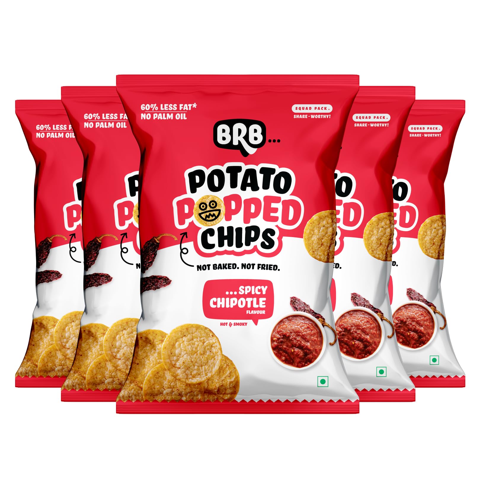 BRB Popped Potato Chips | Spicy Chipotle Flavour | Not Fried, Not Baked | 60% Less Oil, Lower Calorie, Healthy Snack | 5 x (48g/51g) Combo Pack (weight may vary)