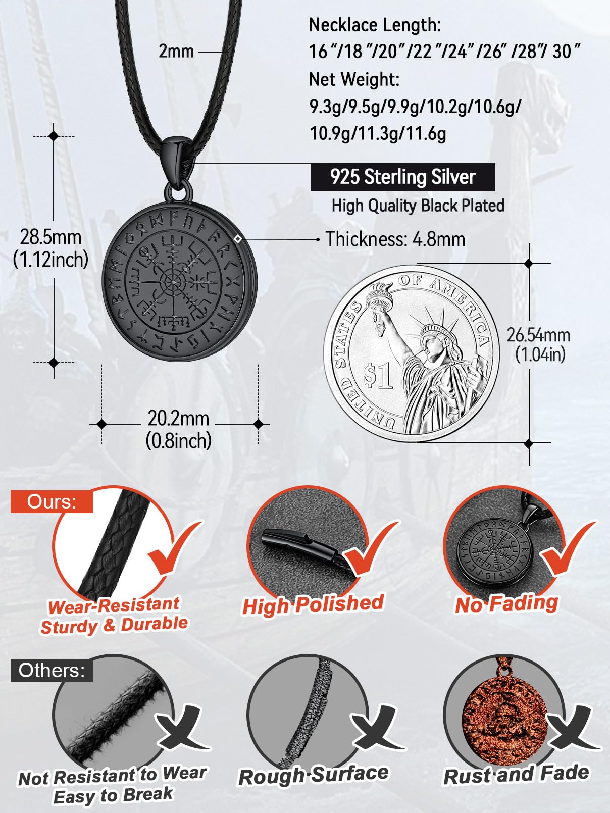 FaithHeart 925 Foto Anhänger für Damen Herren, Schwarz Medaillon mit Wikinger Vegvisir Symbol, Wikinger Amulett mit Bildanhänger für Geburtstag Weihnachten Halloween