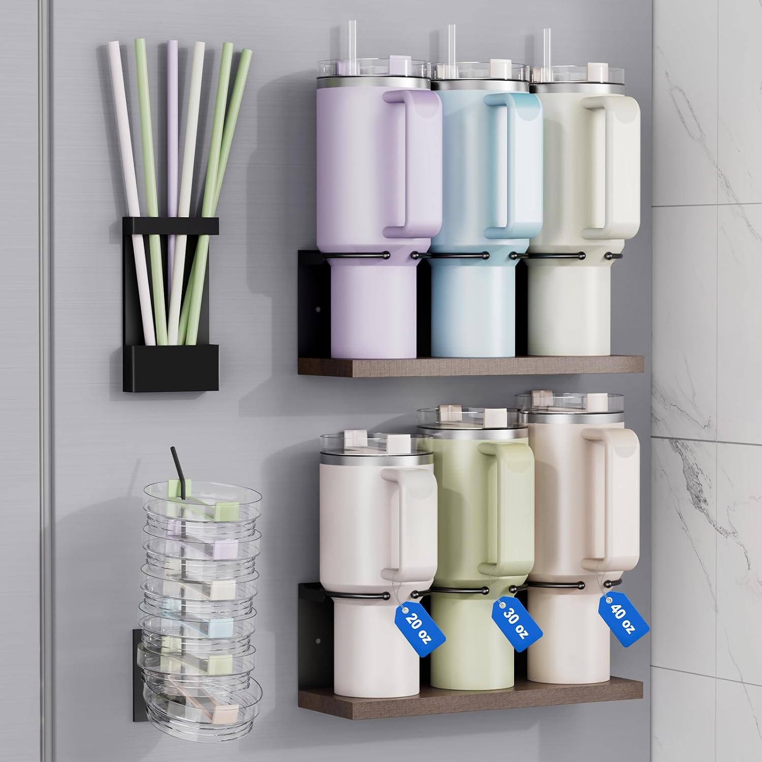 Magnetic Stanley Cup Holder for Fridge, Strong Water Bottle Organizer for Stanley 30oz & 40oz, Tumbler Lid and Straw Organizer, Stanley Cup Accessories for Kitchen Cabinet